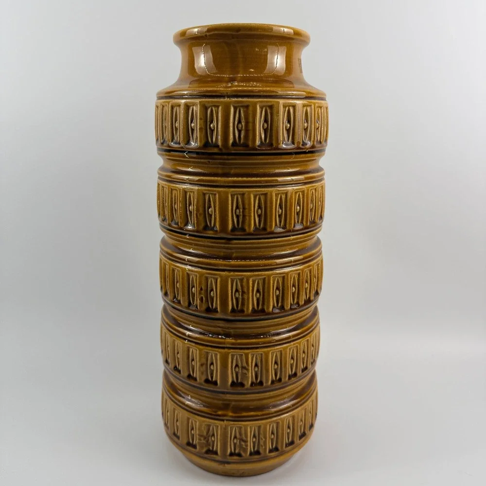 Scheurich‎ West Germany Pottery WGP Mustard Gold Totem Cylinder Floor Vase 16
